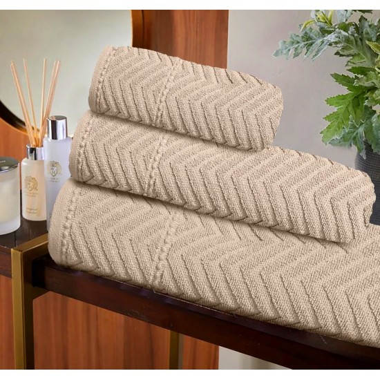 Set 3 Prosoape de baie din bumbac 100% cu model Jacquard, 550gsm, Bej