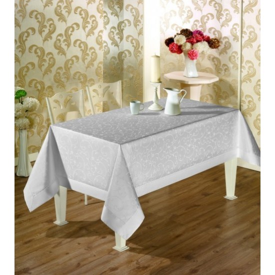 Fata de masa Valentini Bianco impermeabila cu model Jacquard si margine dublata, Lux Border Alb