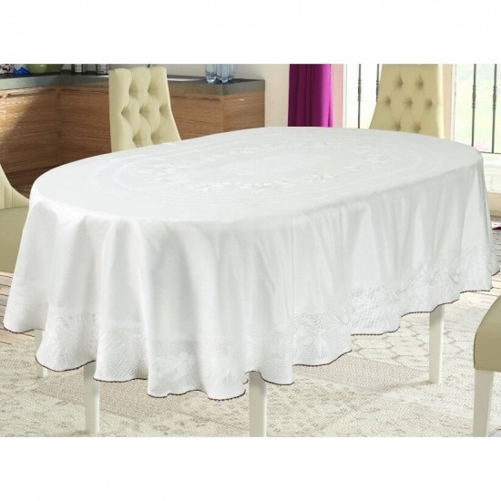 Fata de masa impermeabila cu tesatura Jacquard, model Jackline Pano, 160x220cm Oval, Alb