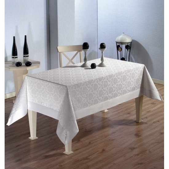 Față de masă Premium din Bumbac cu model Jacquard (Damasc) Polycotton Alb